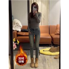 批发韩版辣妹复古小脚牛仔裤女加绒保暖铅笔紧身裤高腰修身<b class='q'>弹力</b>九分裤
