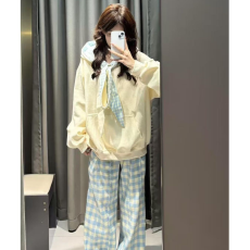 批发【云朵绒复合】薄款320g,厚款400g格子蝴蝶结绑带连帽卫衣<b class='q'>女</b>