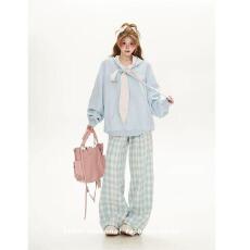 批发【云朵绒复合】薄款320g,厚款400g格子蝴蝶结绑带连帽卫衣<b class='q'>女</b>