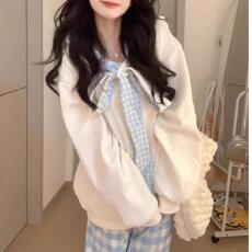 批发【云朵绒复合】薄款320g,厚款400g格子蝴蝶结绑带连帽卫衣<b class='q'>女</b>