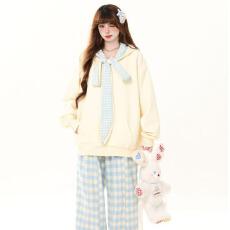 批发【云朵绒复合】薄款320g,厚款400g格子蝴蝶结绑带连帽卫衣<b class='q'>女</b>