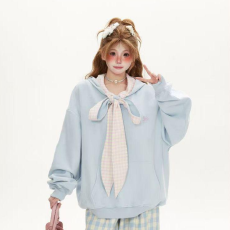 批发【云朵绒复合】薄款320g,厚款400g格子蝴蝶结绑带连帽卫衣<b class='q'>女</b>
