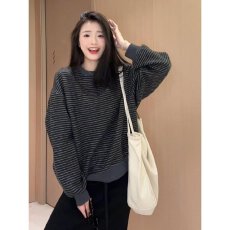 原版压线原版面料韩系条纹长袖圆领卫衣女