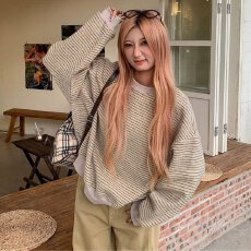 原版压线原版面料韩系条纹长袖圆领卫衣女