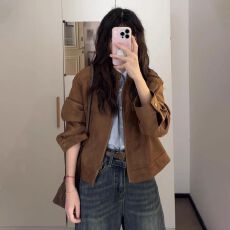 批发2025秋冬新款 复古宽松立领<b class='q'>皮衣</b>皮夹克麂皮绒外套女