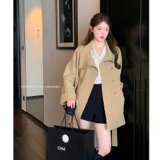 批发2025秋季名媛黑色<b class='q'>风衣</b>女网红爆款小个子韩系中长款英伦风外套