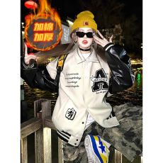 批发美式复古棒球服外套女冬季新款翻领刺绣情侣<b class='q'>立领</b>加棉加厚夹克外套