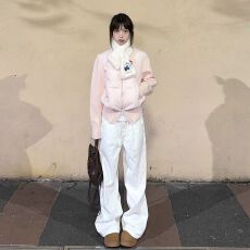 批发韩系甜美粉色针织拼接<b class='q'>立领</b>短款棉服冬季新款小个子设计感修身外套