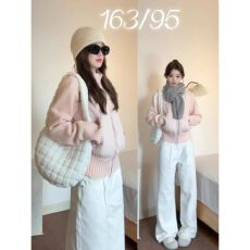 批发韩系甜美粉色针织拼接<b class='q'>立领</b>短款棉服冬季新款小个子设计感修身外套