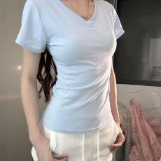 批发纯色V领T恤女<b class='q'>短袖</b>夏季收腰休闲设计感百搭打底衫基础款上衣ins潮