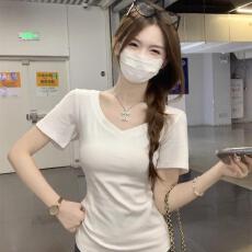 批发纯色V领T恤女<b class='q'>短袖</b>夏季收腰休闲设计感百搭打底衫基础款上衣ins潮