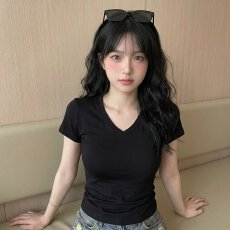 批发#实拍 纯色V领T恤女<b class='q'>短袖</b>夏季收腰休闲设计感百搭打底衫基础款上衣