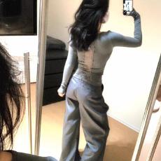 批发【罗纹德绒220克】纯欲蕾丝拼接v领长袖t恤女秋设计感打底衫ins
