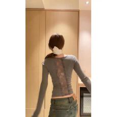 批发【罗纹德绒220克】纯欲蕾丝拼接v领长袖t恤女秋设计感打底衫ins