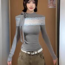 批发【莫代尔260克】京都甜梦蕾丝拼接针织衫女修身显瘦内搭上衣<b class='q'>秋</b>季