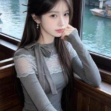 批发【莫代尔260克】京都甜梦蕾丝拼接针织衫女修身显瘦内搭上衣<b class='q'>秋</b>季