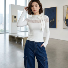 批发【<b class='q'>莫代尔</b>260克】京都甜梦蕾丝拼接针织衫女修身显瘦内搭上衣秋季