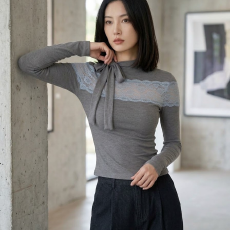 批发【<b class='q'>莫代尔</b>260克】京都甜梦蕾丝拼接针织衫女修身显瘦内搭上衣秋季