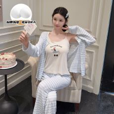 批发[黛琳芬]人棉带胸垫<b class='q'>三件套</b>女士<b class='q'>睡衣</b>甜美春秋新品家居服pajamas337