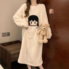黛琳芬珊瑚绒女士睡衣秋冬中长款睡裙法兰绒家居服pajamas337