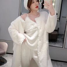 黛琳芬珊瑚绒三件套女士睡衣秋冬法简约兰绒家居服pajamas337