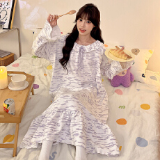 批发[黛琳芬]仿棉中长款长袖睡裙女士睡衣<b class='q'>春</b>秋季甜美家居服pajamas340