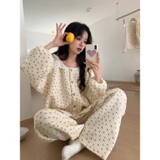 黛琳芬空气棉夹层长袖长裤女士睡衣韩系甜美家居服pajamas343