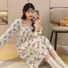 批发[黛琳芬]德绒带胸垫可拆中长款睡裙女士睡衣<b class='q'>秋</b>冬家居服pajamas348