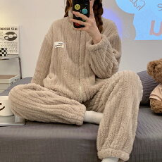 批发[黛琳芬]长毛绒睡衣拉链开衫女士睡衣秋冬保暖家居服pajamas336