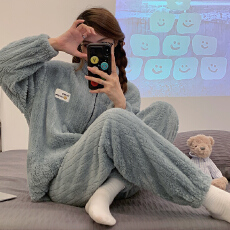 批发[黛琳芬]长毛绒睡衣拉链开衫女士睡衣秋冬保暖家居服pajamas336