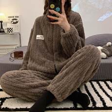 批发[黛琳芬]长毛绒睡衣拉链开衫女士睡衣秋冬保暖家居服pajamas336