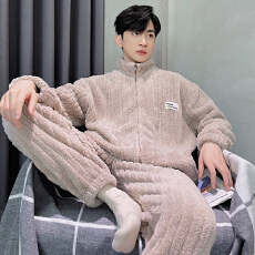 批发[黛琳芬]长毛绒睡衣拉链开衫<b class='q'>男</b>士睡衣秋冬保暖家居服pajamas336