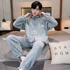 批发[黛琳芬]长毛绒睡衣拉链开衫<b class='q'>男</b>士睡衣秋冬保暖家居服pajamas336