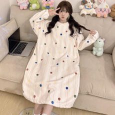 批发[黛琳芬]法兰绒中长款长袖睡裙女士睡衣秋<b class='q'>冬</b>保暖家居服pajamas345