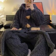 批发黛琳芬长毛绒连帽睡袍裤子男士<b class='q'>睡衣</b>加厚法兰绒<b class='q'>家居服</b>pajamas333