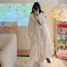 批发黛琳芬长毛绒连帽睡袍裤子女士<b class='q'>睡衣</b>加厚法兰绒<b class='q'>家居服</b>pajamas333