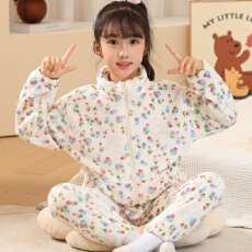 批发[黛琳芬]8码-L码法兰绒<b class='q'>儿童</b><b class='q'>睡衣</b>长毛绒高领拉链男女童家居服153