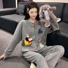批发[黛琳芬]羊毛蚕<b class='q'>丝绒</b>女士睡衣春秋卡通保暖韩系家居服pajamas370