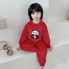 批发[黛琳芬]红色奥粒绒儿童睡衣套装秋<b class='q'>冬</b>加厚男女童装家居服外出157