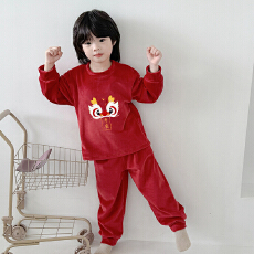 批发[黛琳芬]红色奥粒绒儿童睡衣套装秋<b class='q'>冬</b>加厚男女童装家居服外出157