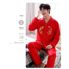 批发[黛琳芬]纯棉长袖男士<b class='q'>睡衣</b>印花红色本命年<b class='q'>亲子</b>家居服pajamas158