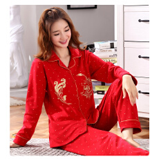 黛琳芬纯棉长袖女士睡衣印花红色本命年亲子家居服pajamas158