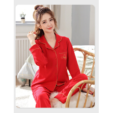黛琳芬纯棉长袖女士睡衣印花红色本命年亲子家居服pajamas158