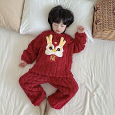 批发黛琳芬红色奥毛绒儿童睡衣套装秋<b class='q'>冬</b>加厚男女宝童装家居服外穿159
