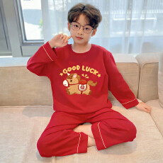 批发[黛琳芬]10码-XL码长袖儿童睡衣新年卡通红色男孩女童家居服156