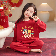 批发[黛琳芬]10码-XL码长袖儿童睡衣新年卡通红色男孩女童家居服156