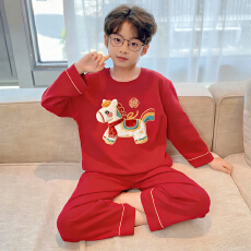 批发[黛琳芬]10码-XL码长袖儿童睡衣新年卡通红色男孩女童家居服156