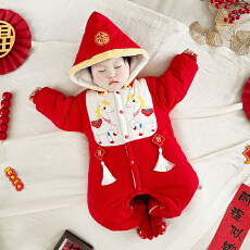 黛琳芬59-90码夹棉连体哈衣儿童睡衣拜年冬季新生儿家居服160