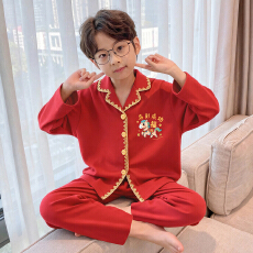 批发[黛琳芬]12码-XL贝壳纹仿棉儿童<b class='q'>睡衣</b>新年大红男<b class='q'>女童</b>装家居服165