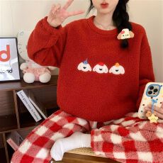 黛琳芬珊瑚绒女士睡衣秋冬韩系半边绒少女套头家居服pajamas380